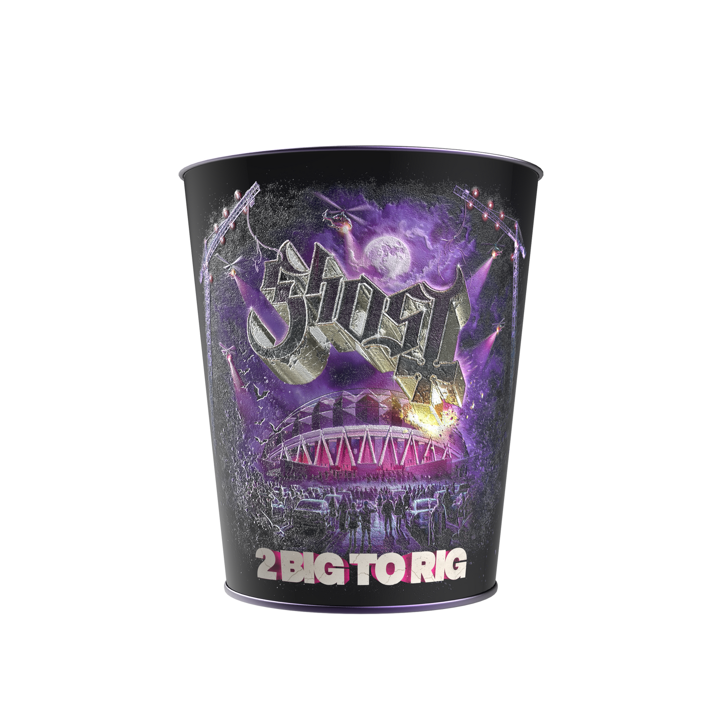 A black metal cup featuring a purple and black graphic design with the band name 'Shout' and the text '2 BIG TO RIG' in white and pink, shown on a plain white background.
