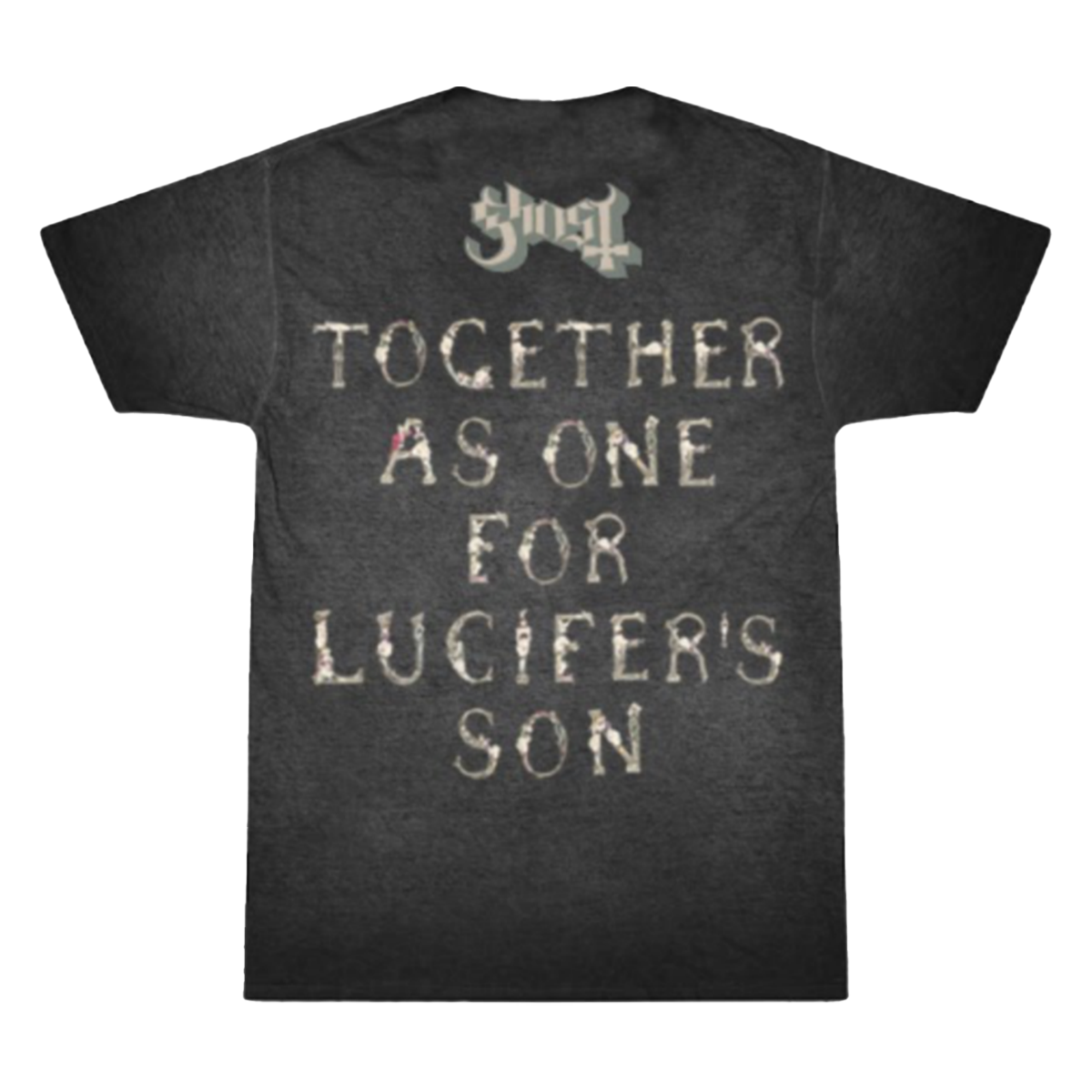 Ghost Black t-shirt with text and logo on the back