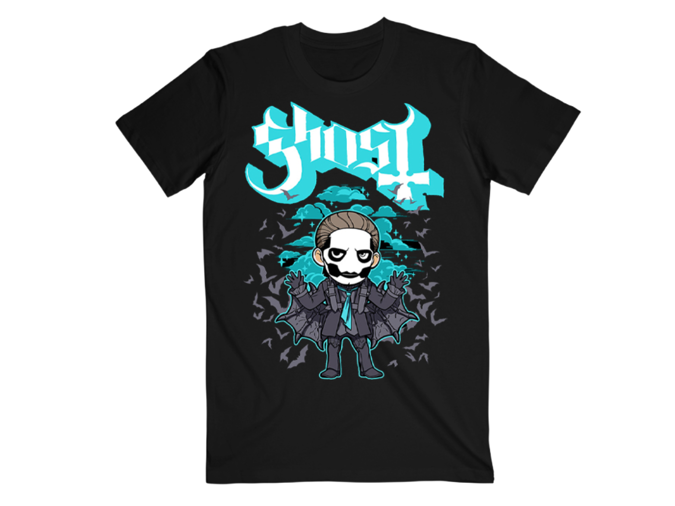 Black t-shirt with a graphic design featuring a character and 'Ghost' text on a white background
