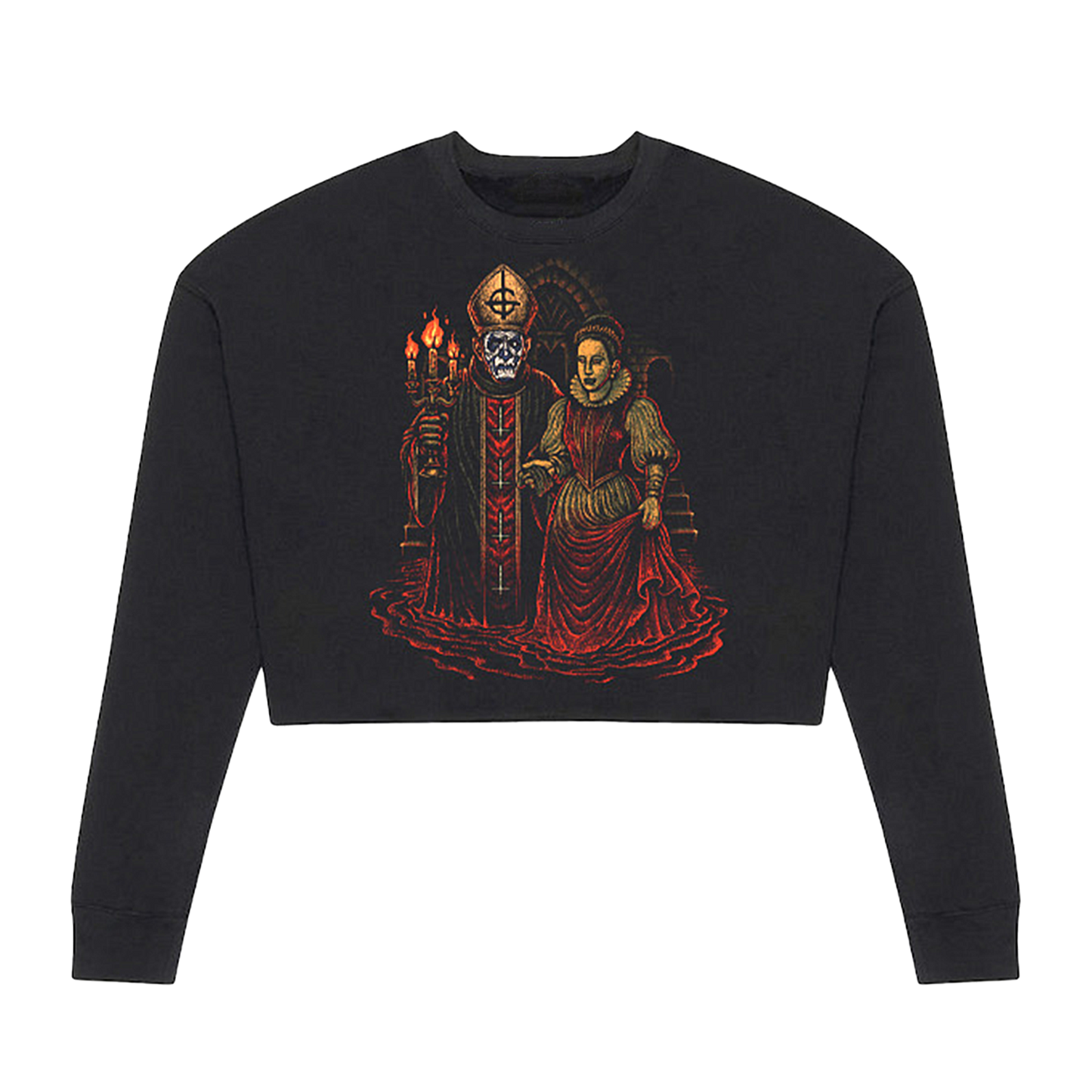 Black crop top with a graphic design of a figure and a candle on a white background