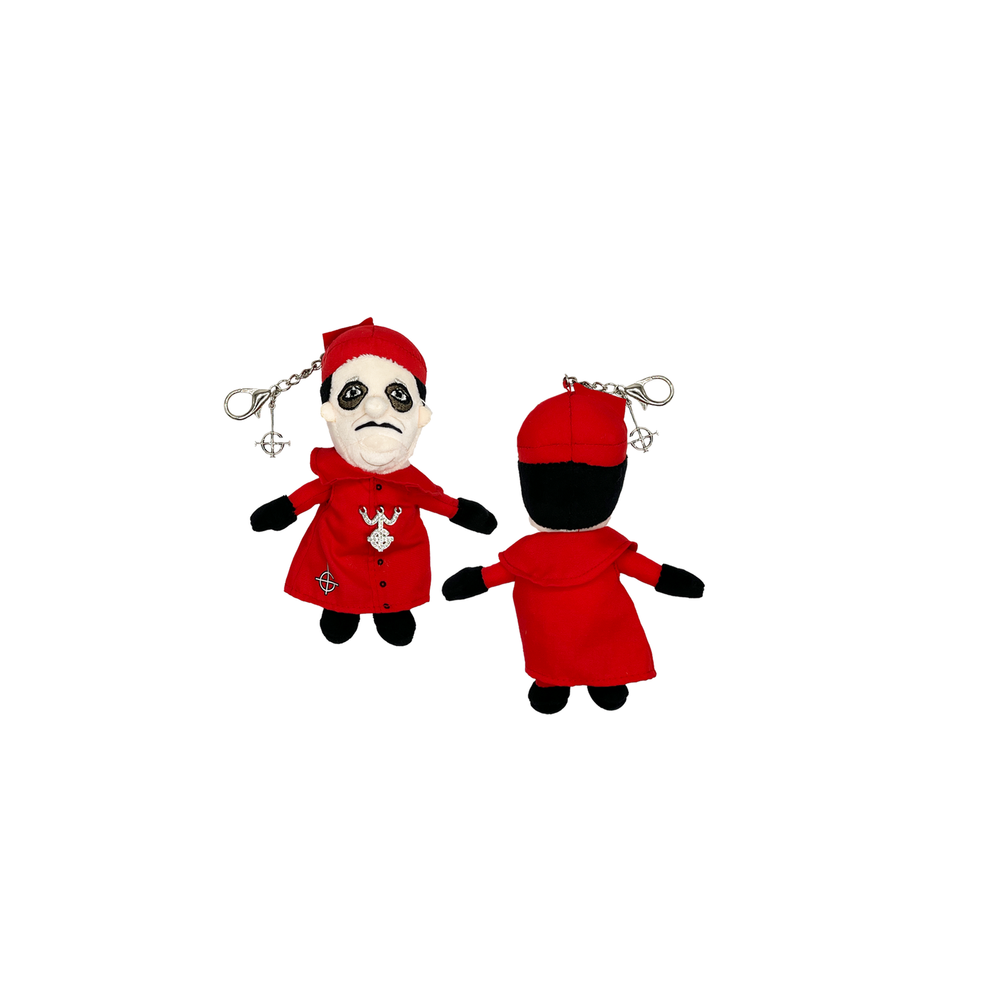 A plushie keychain depicting a character in a red outfit with black and white accents.