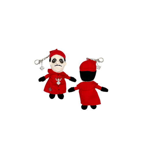 A plushie keychain depicting a character in a red outfit with black and white accents.