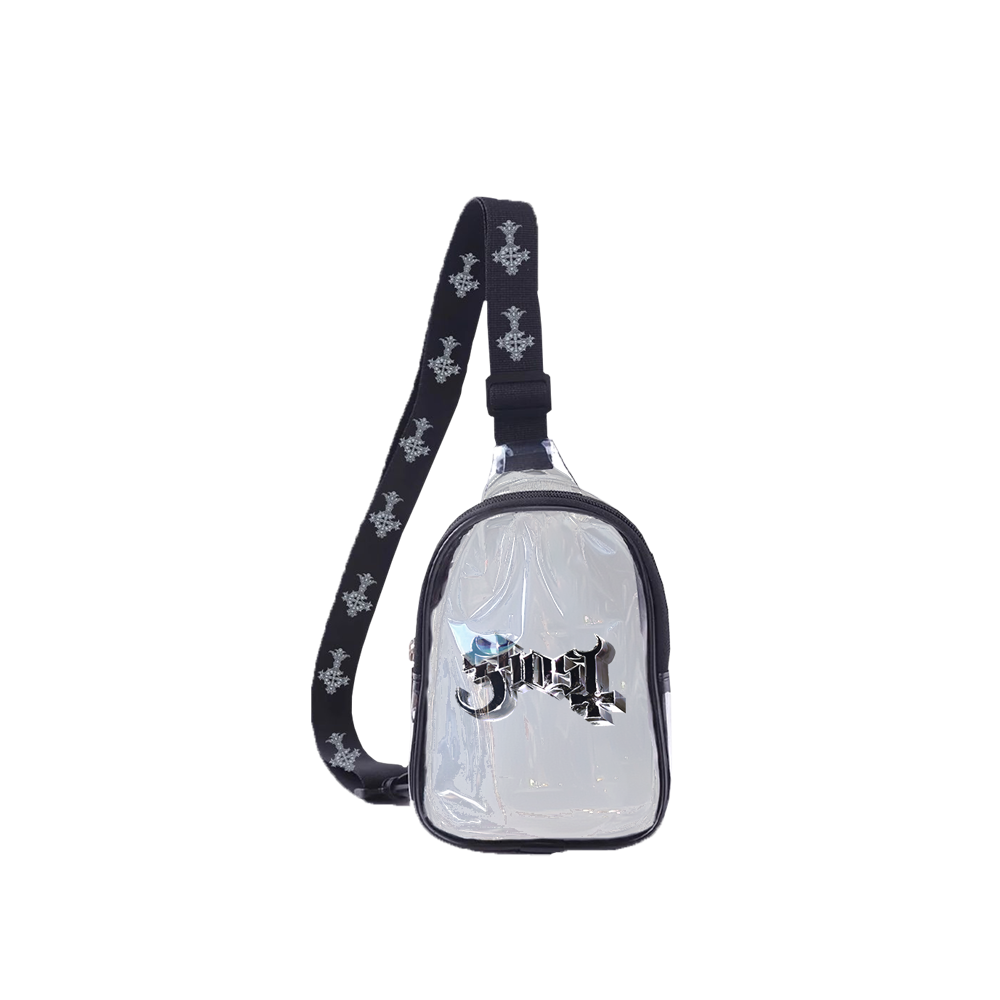 Clear dog muzzle with black strap and 'Ghost' logo on a white background