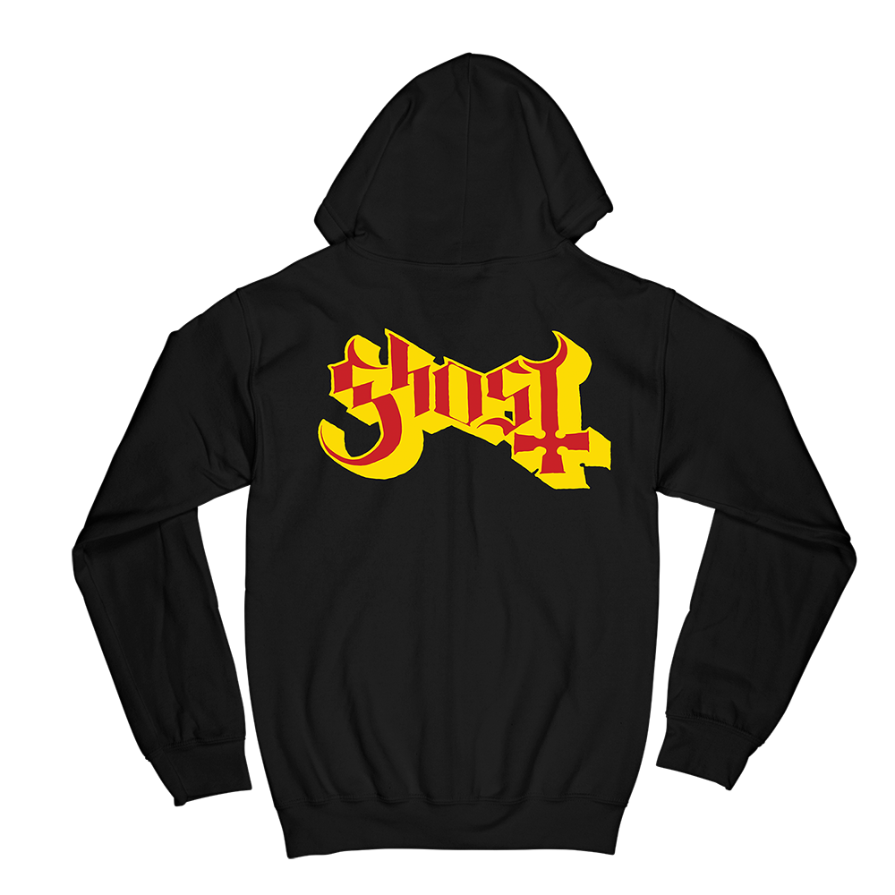 Black hoodie with yellow and red 'Ghost' logo on the back against a white background