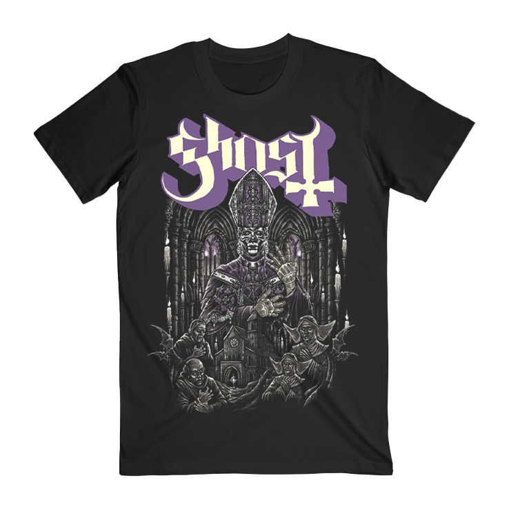 Black t-shirt with 'Ghost' logo and gothic design on a white background