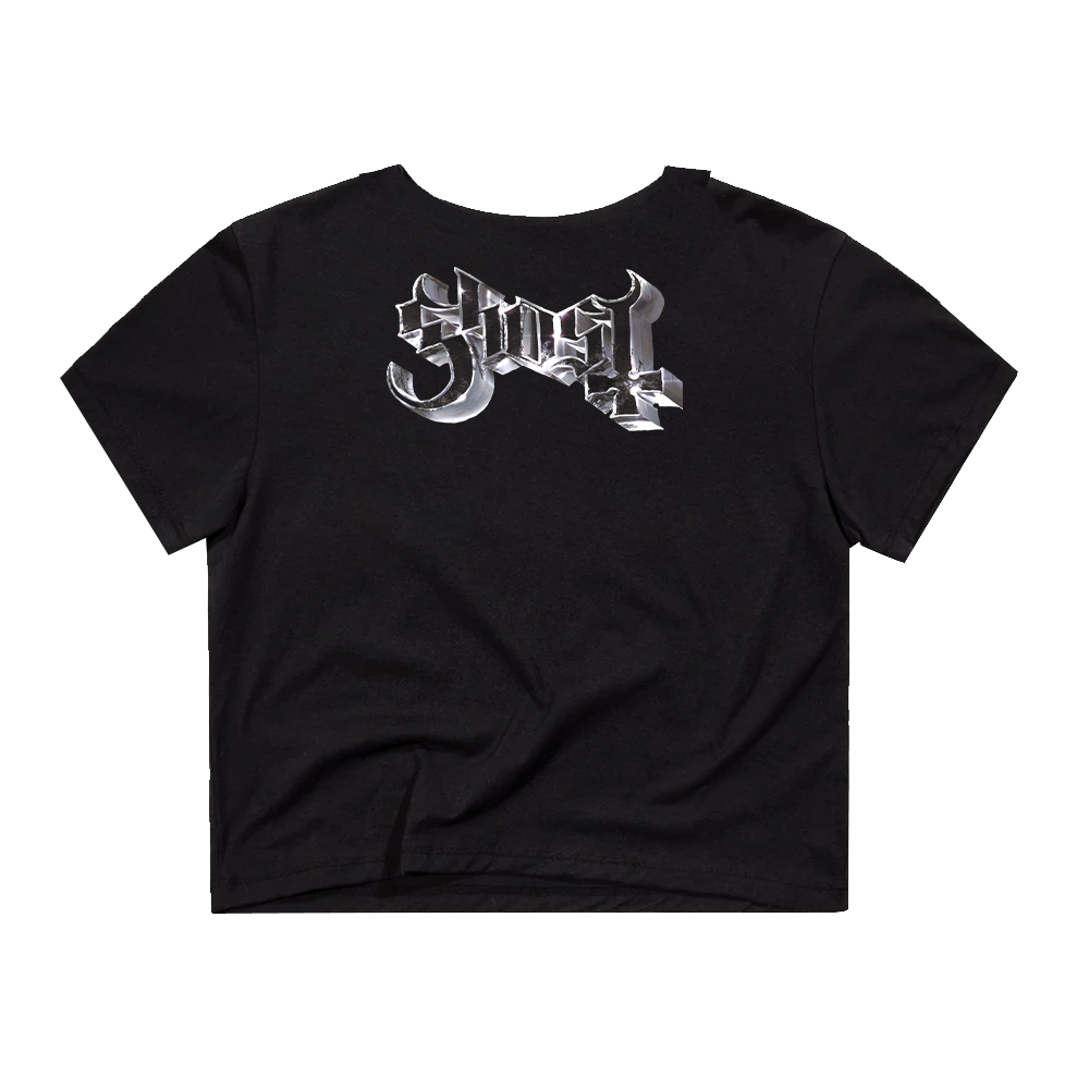 Ghost Logo printed on the back of a black crop top.