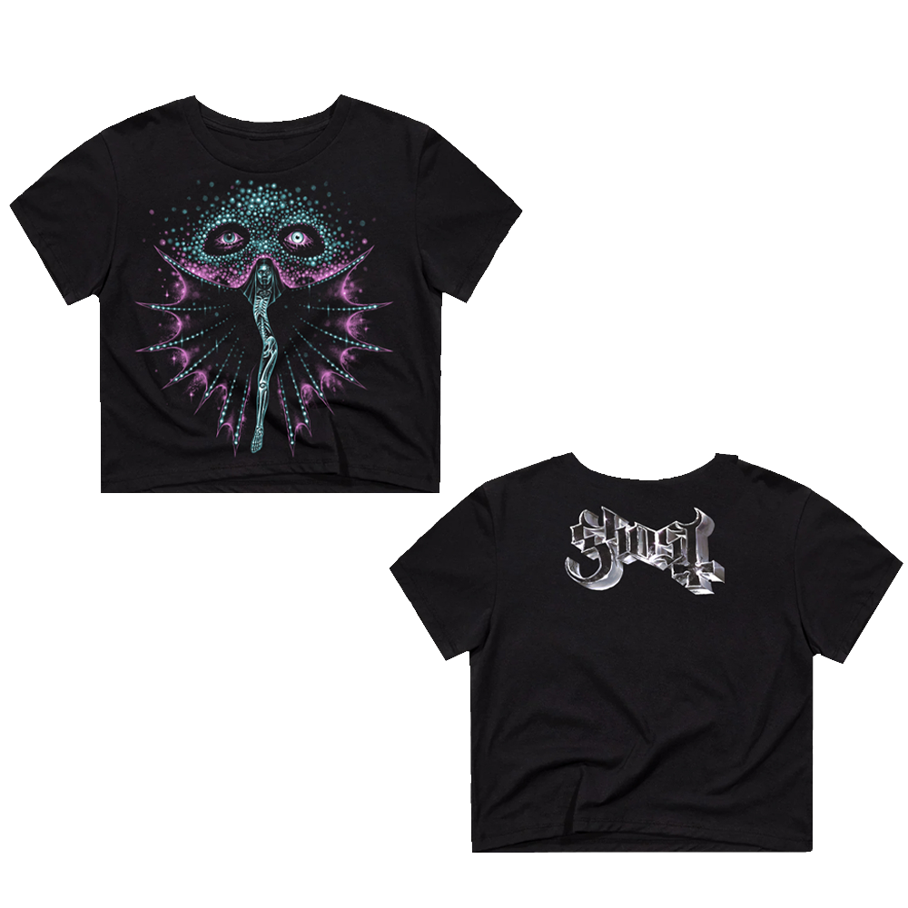 A fitted crop tee with a graphic of a skeletal siren and glowing eyes on the front, and the brand name 'Ghost' on the back.