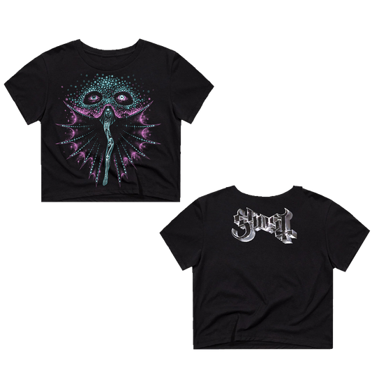 A fitted crop tee with a graphic of a skeletal siren and glowing eyes on the front, and the brand name 'Ghost' on the back.