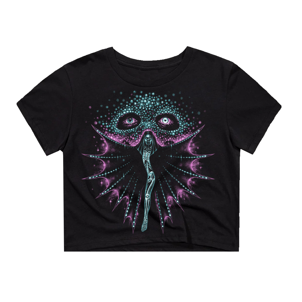 A black fitted crop tee with a graphic print of a siren and eyes in a cosmic style.