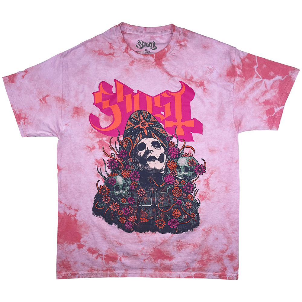 A pink tie-dye t-shirt with a graphic print of a character and the text 'GHOST'.