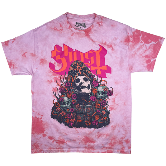 A pink tie-dye t-shirt with a graphic print of a character and the text 'GHOST'.