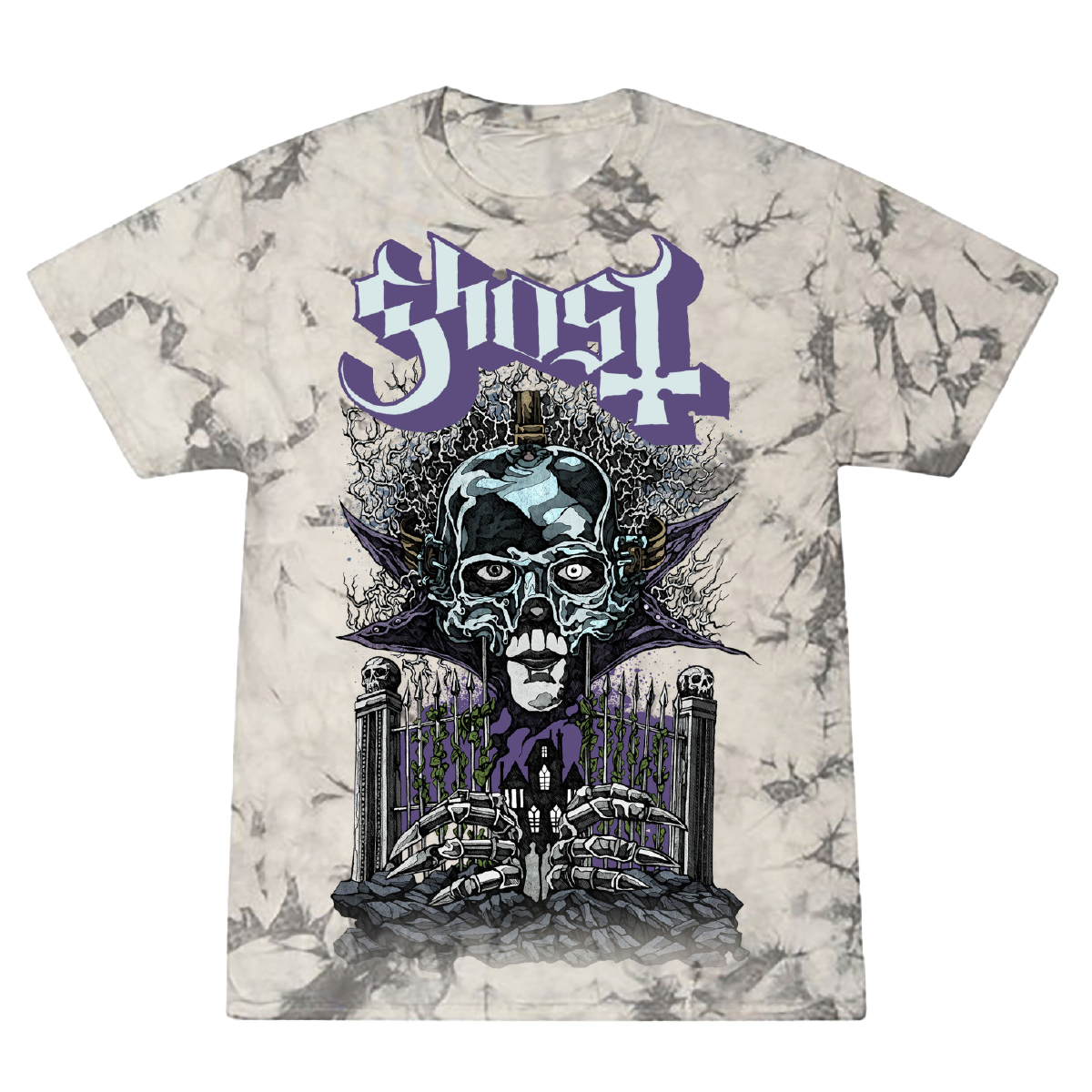 A t-shirt with a graphic print of Papa Emeritus V guards a haunted chapel, accompanied by the band name Ghost in bold purple letters. The shirt has a tie-dye design in black and grey.