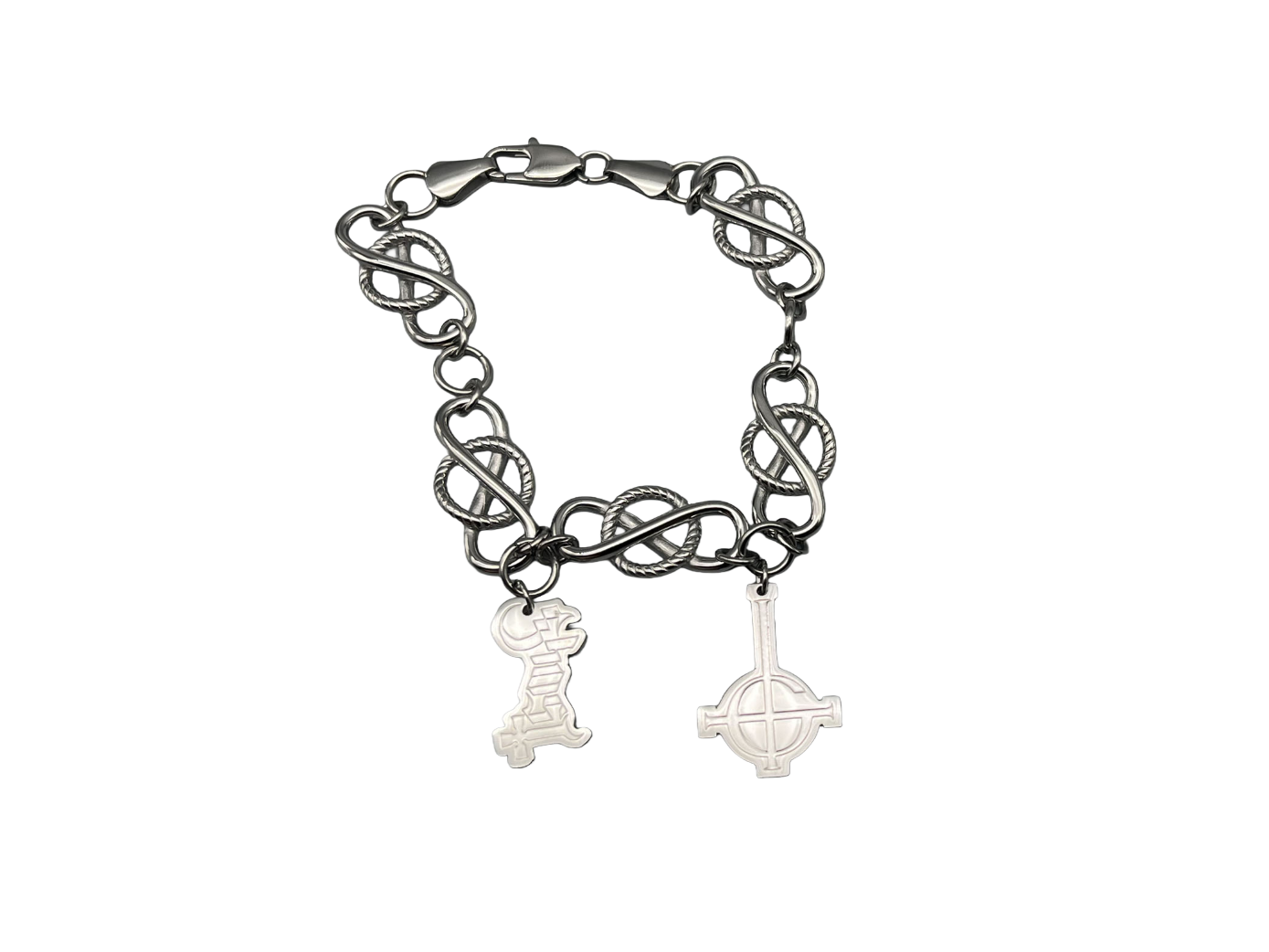 Silver bracelet with interwoven design and two charms on a white background