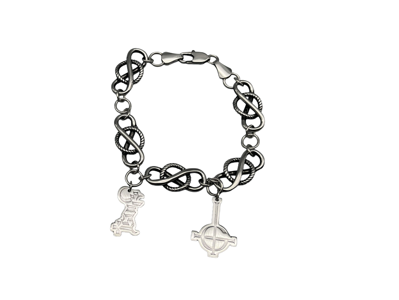 Black chain bracelet with two charms on a white background