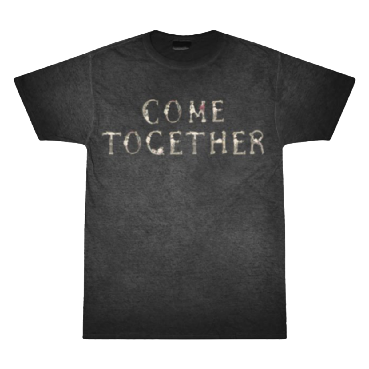 Black t-shirt with 'COME TOGETHER' text on a white background