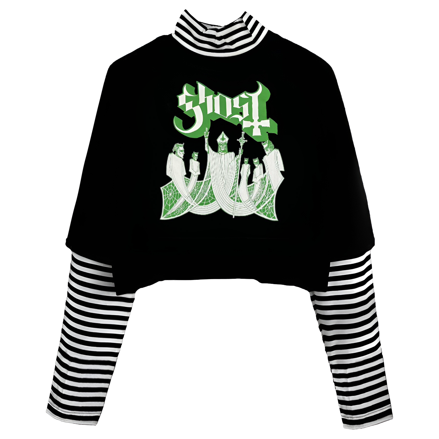 Black Twofer with green graphic design and black and white striped sleeves.