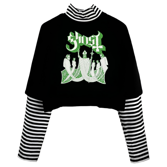 Black Twofer with green graphic design and black and white striped sleeves.