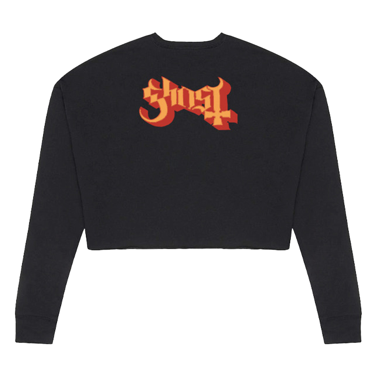 Black cropped sweatshirt with orange and red graphic on a white background