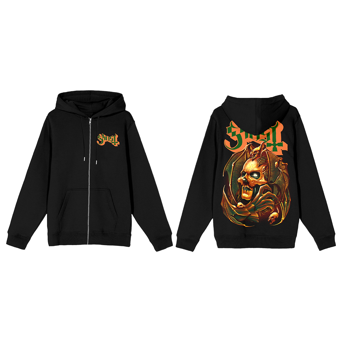 Black hoodie with a graphic design on the back on a white background