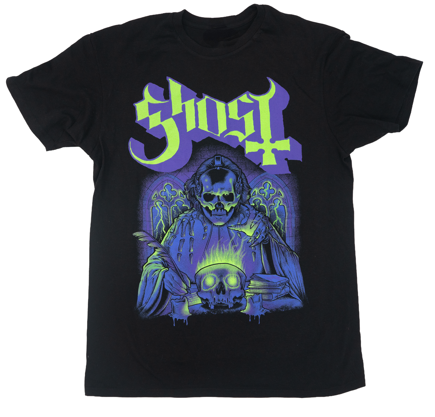 Black t-shirt with a graphic design featuring a skeleton and the word 'Ghost' in purple and green.