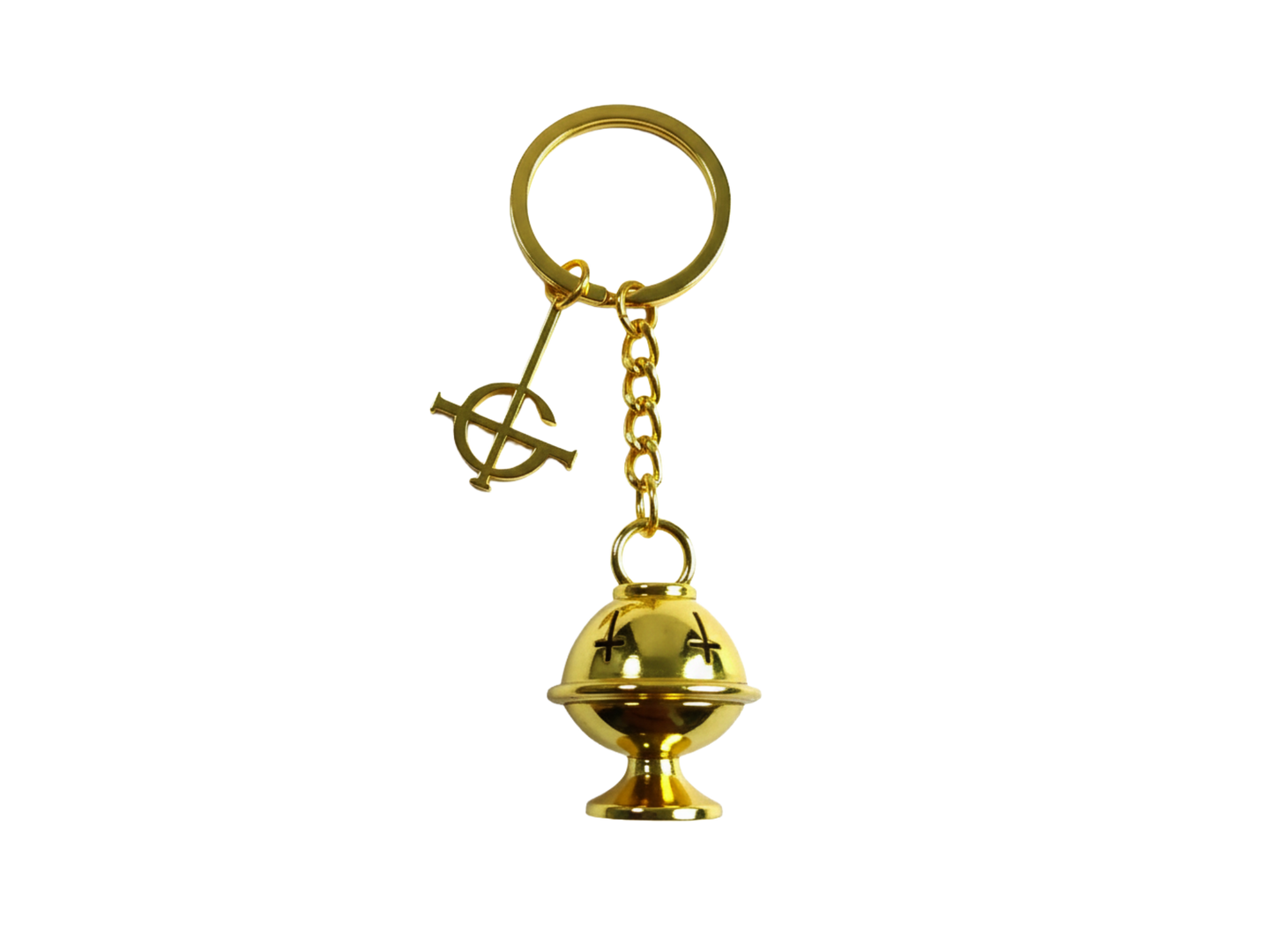 Gold bell-shaped keychain with a small symbol on a white background