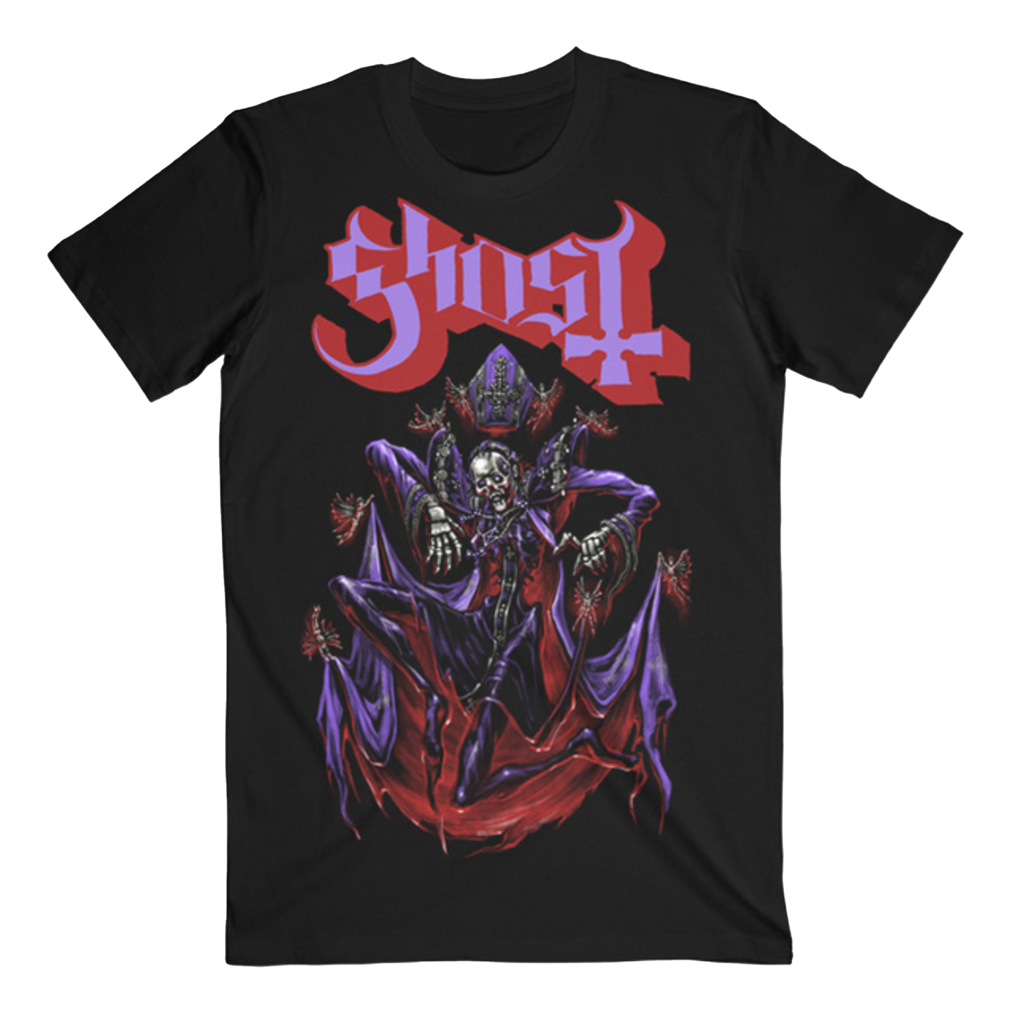Ghost official t-shirt featuring colorful Papa V artwork printed on the font of a black t-shirt