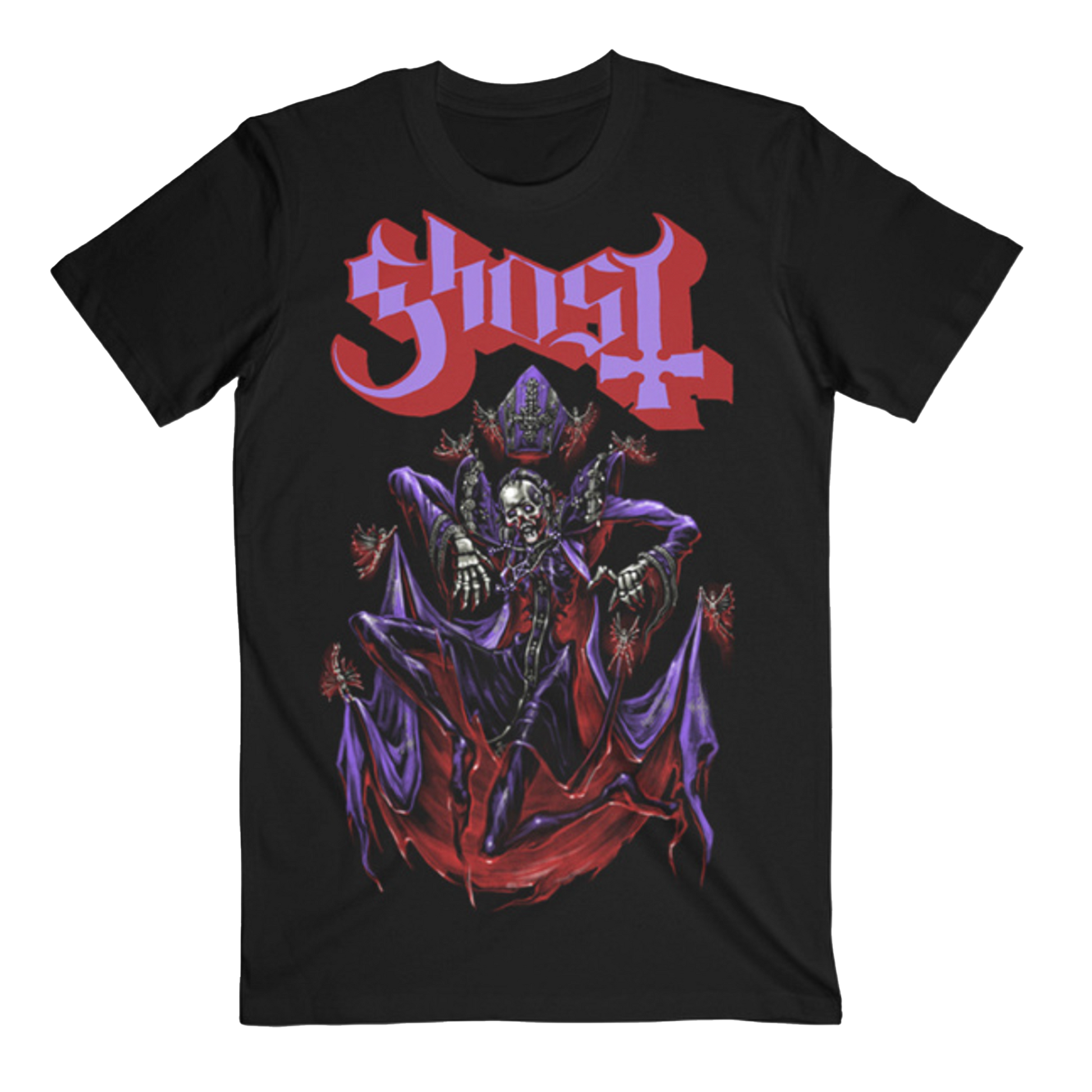 Ghost official t-shirt featuring colorful Papa V artwork printed on the font of a black t-shirt