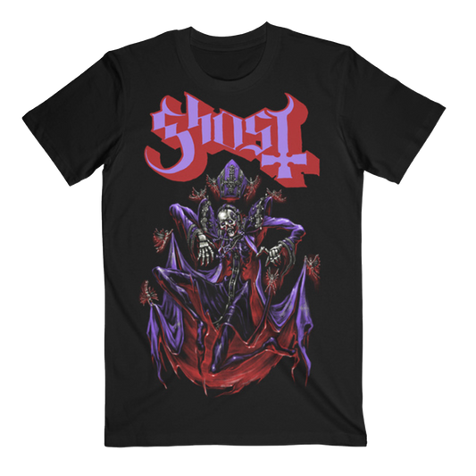 Ghost official t-shirt featuring colorful Papa V artwork printed on the font of a black t-shirt