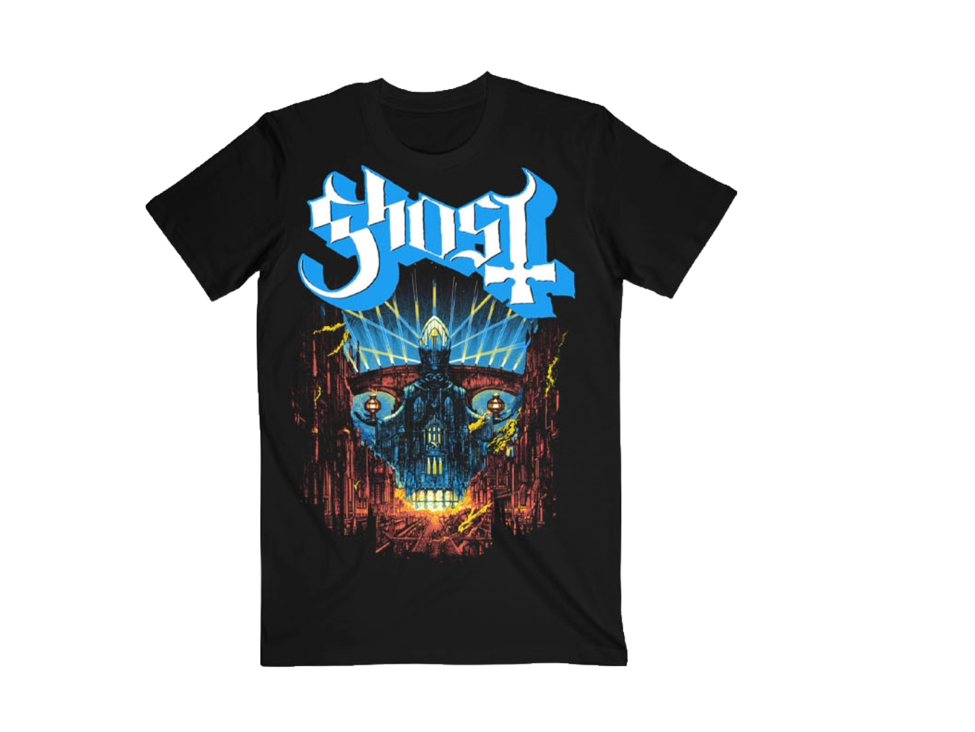 Meliora 10th Anniversary T-Shirt features a white logo with a blue outline and the classic Meliora artwork printed on the front.