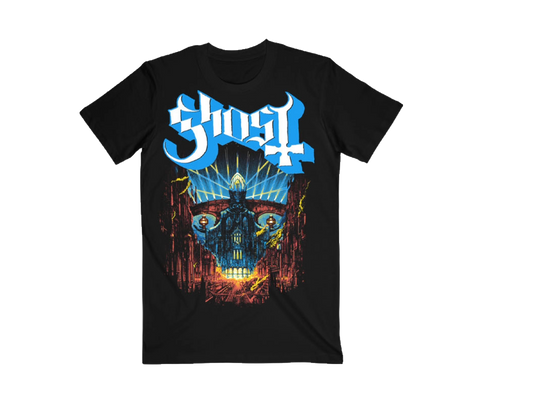 Meliora 10th Anniversary T-Shirt features a white logo with a blue outline and the classic Meliora artwork printed on the front.