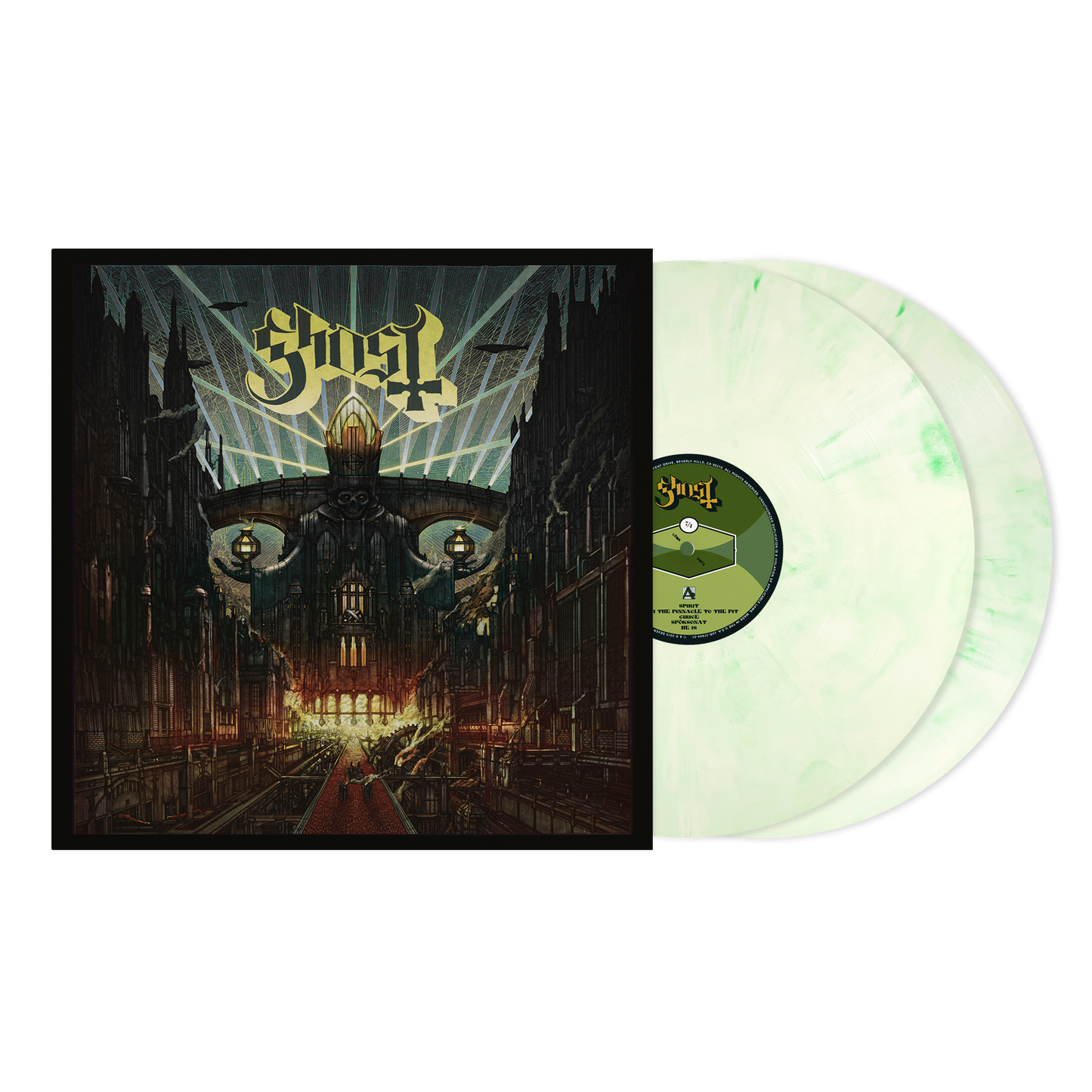 Ghost 10th Anniversary Apple Green Meliora 2LP standard weight vinyl with 15 songs, double wide spine jacket with glossy finish Vinyl record with a dark, artistic cover.