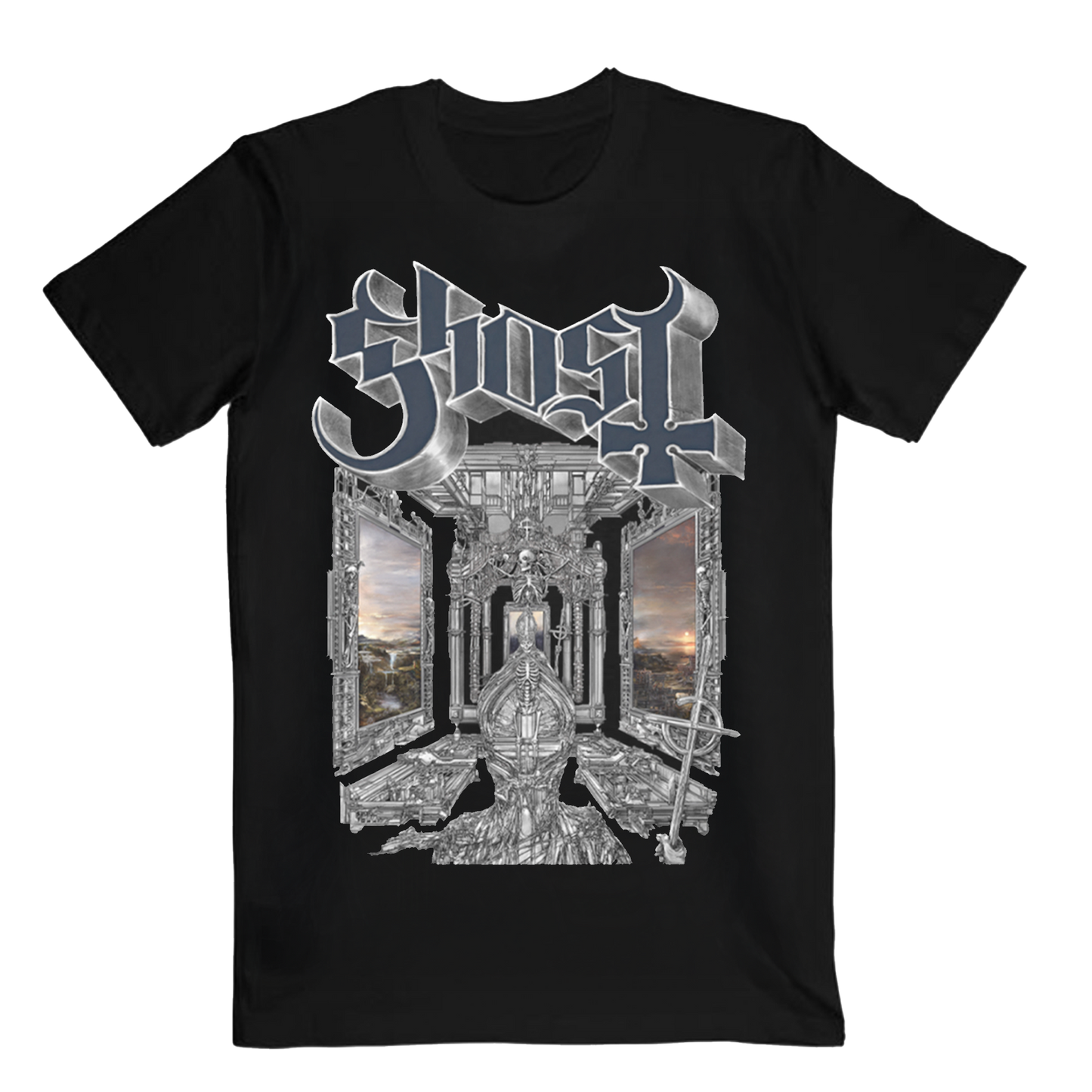 This Ghost official Skeleta Album Cover T-Shirt has intricate, album-inspired artwork printed on the front, which showcases a detailed skeletal figure sitting upon a throne in a cathedral-like structure, flanked by eerie open windows revealing a twilight landscape.