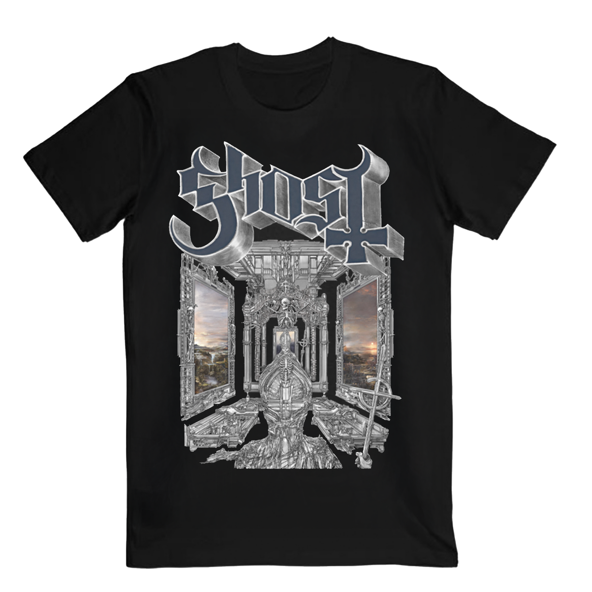 This Ghost official Skeleta Album Cover T-Shirt has intricate, album-inspired artwork printed on the front, which showcases a detailed skeletal figure sitting upon a throne in a cathedral-like structure, flanked by eerie open windows revealing a twilight landscape.