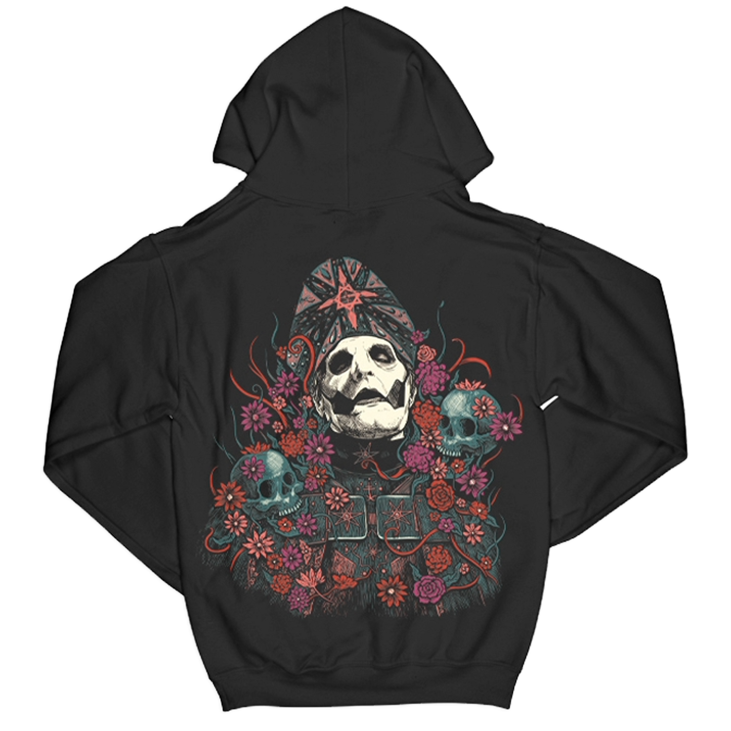 Black hoodie with a colorful skull and floral design on the back against a white background