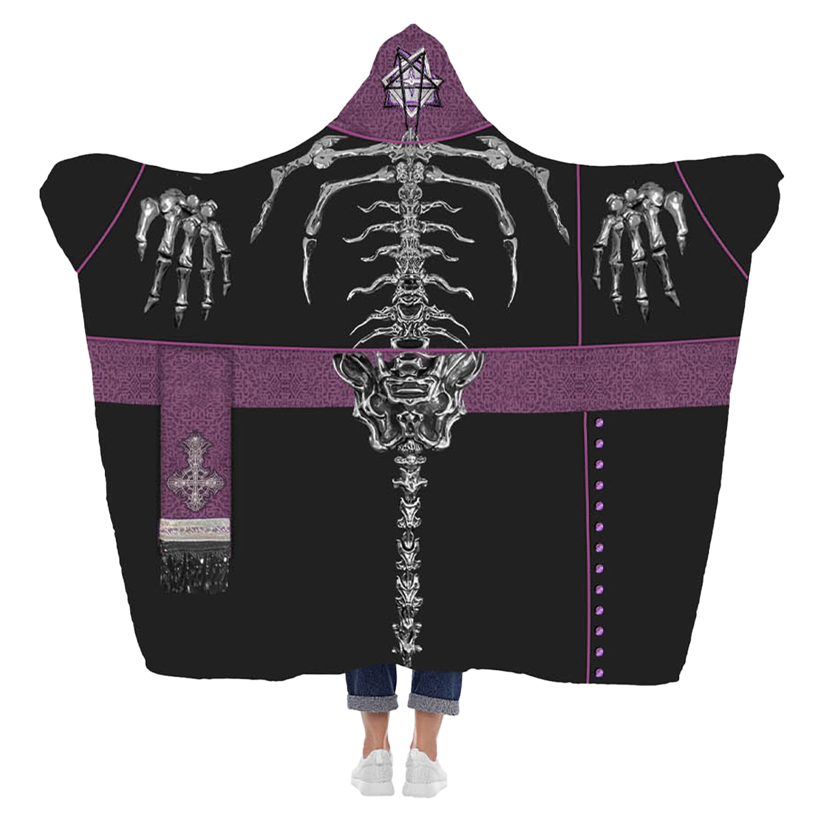 Hooded blanket with skeleton design and purple accents on a white background