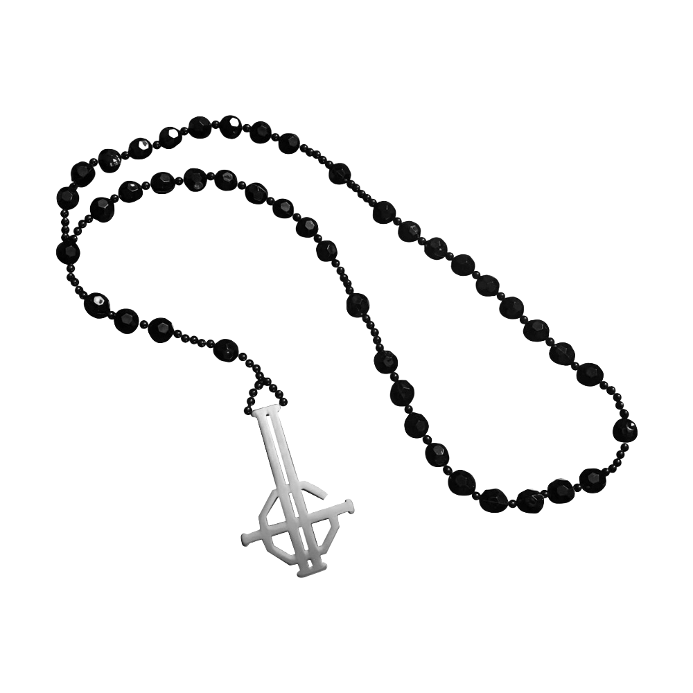 Black beaded necklace with a white peace sign pendant on a white background