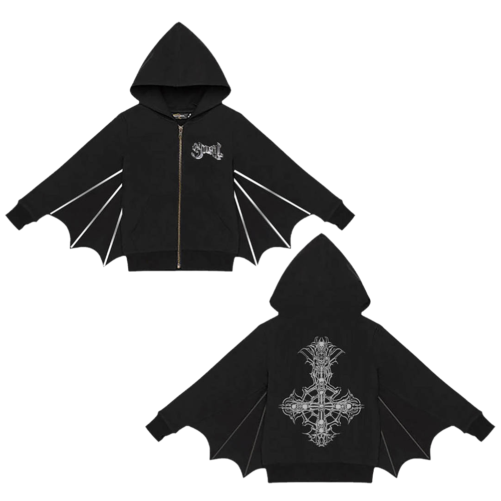 A black hoodie with silver bat wing designs on the sleeves and a decorative silver cross on the back.
