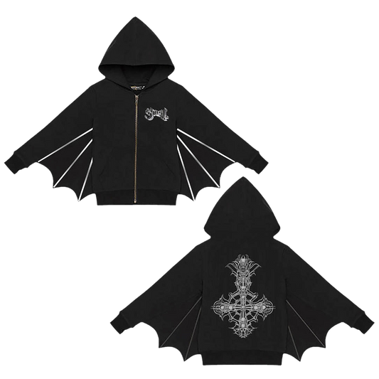 A black hoodie with silver bat wing designs on the sleeves and a decorative silver cross on the back.