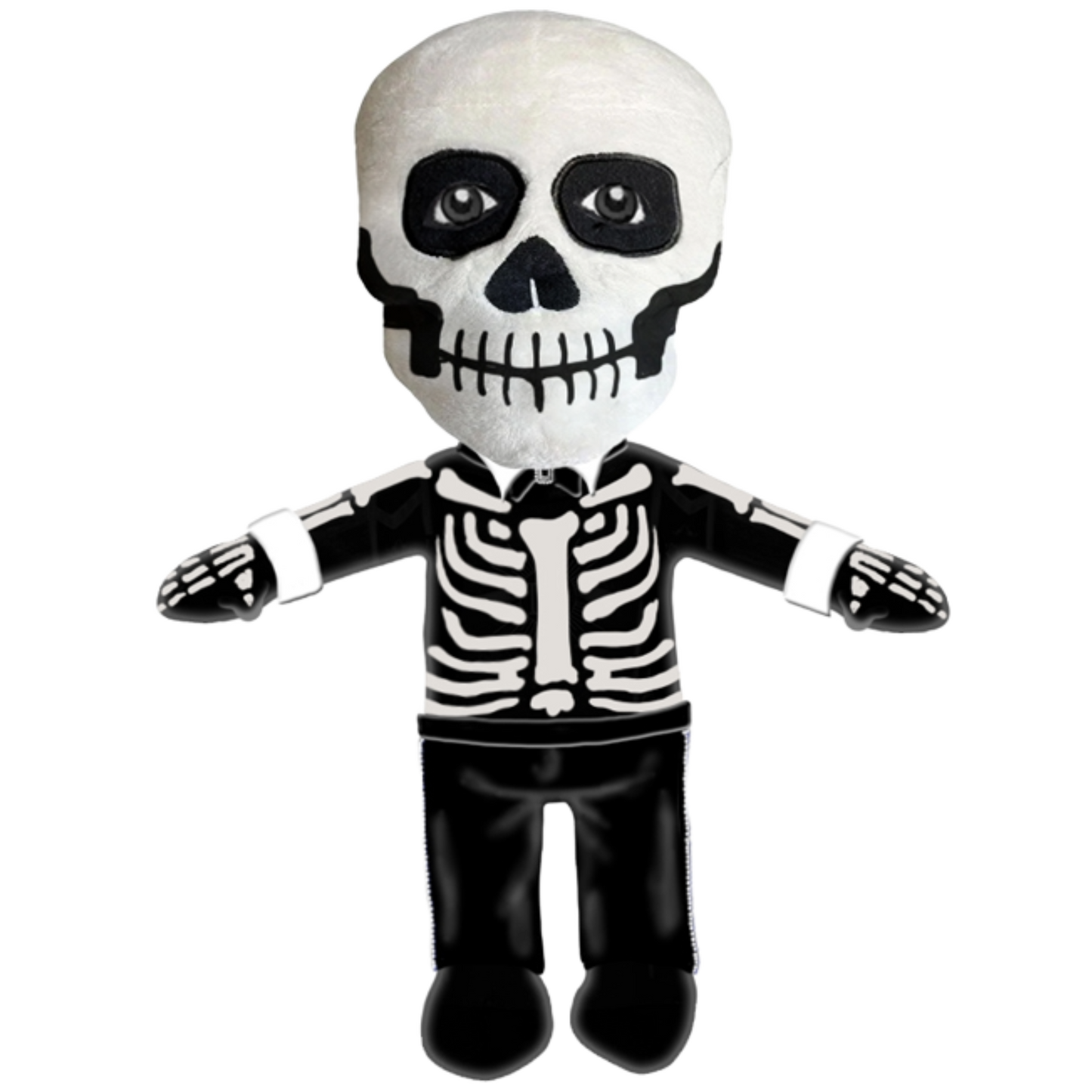 Skeleton plush toy with a rhinestone bow tie on a white background