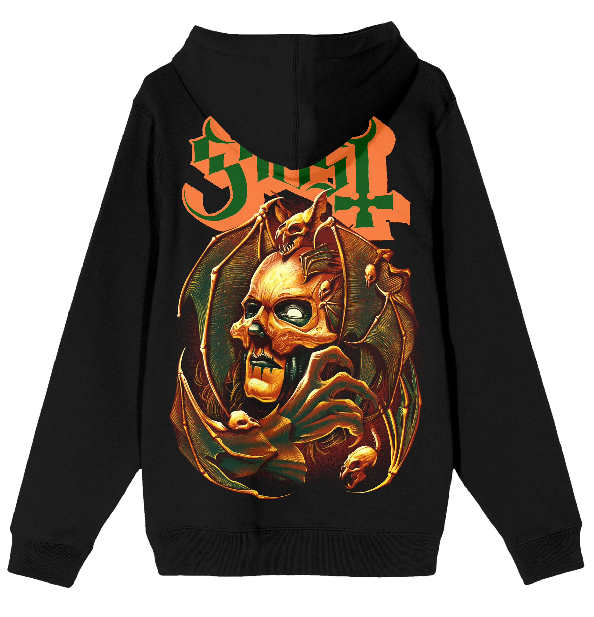 Black hoodie with a graphic design on the back featuring a stylized face and text.