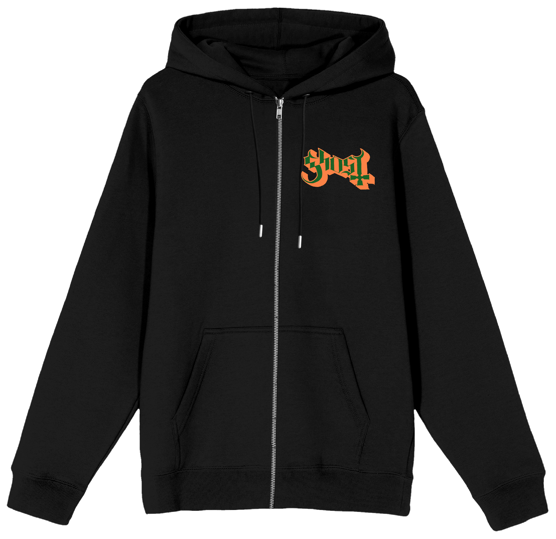 Black hoodie with a logo on the chest against a white background