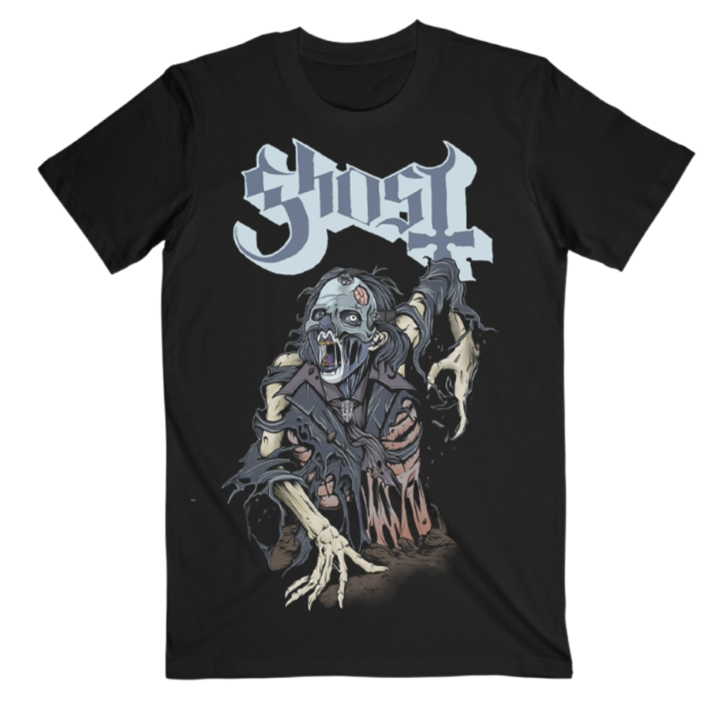 Ghost T-shirt with a Ghoul like zombie and Ghost Logo printed on the front.