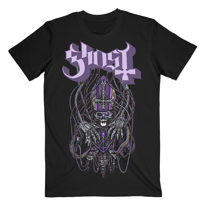 Ghost Black T-Shirt that features a striking Papa-inspired skeletal artwork surrounded by tangled wire detailing, finished with bold purple accents and the Ghost logo across the chest