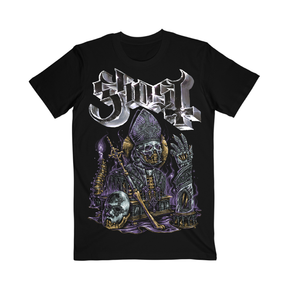 This In Perpetua T-Shirt features a bone-chilling depiction of Papa V, enthroned in gothic grandeur. Surrounded by skulls, cathedrals, and arcane energy, this unique design printed on a black t-shirt comes to life in haunting purples and molten gold. Complete with the Ghost logo in a sharp, chrome-like finish, this shirt is a must-have relic for any disciple of the Clergy.