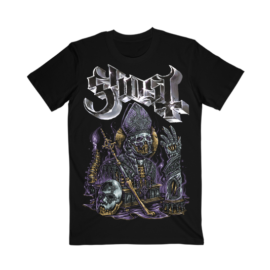 This In Perpetua T-Shirt features a bone-chilling depiction of Papa V, enthroned in gothic grandeur. Surrounded by skulls, cathedrals, and arcane energy, this unique design printed on a black t-shirt comes to life in haunting purples and molten gold. Complete with the Ghost logo in a sharp, chrome-like finish, this shirt is a must-have relic for any disciple of the Clergy.