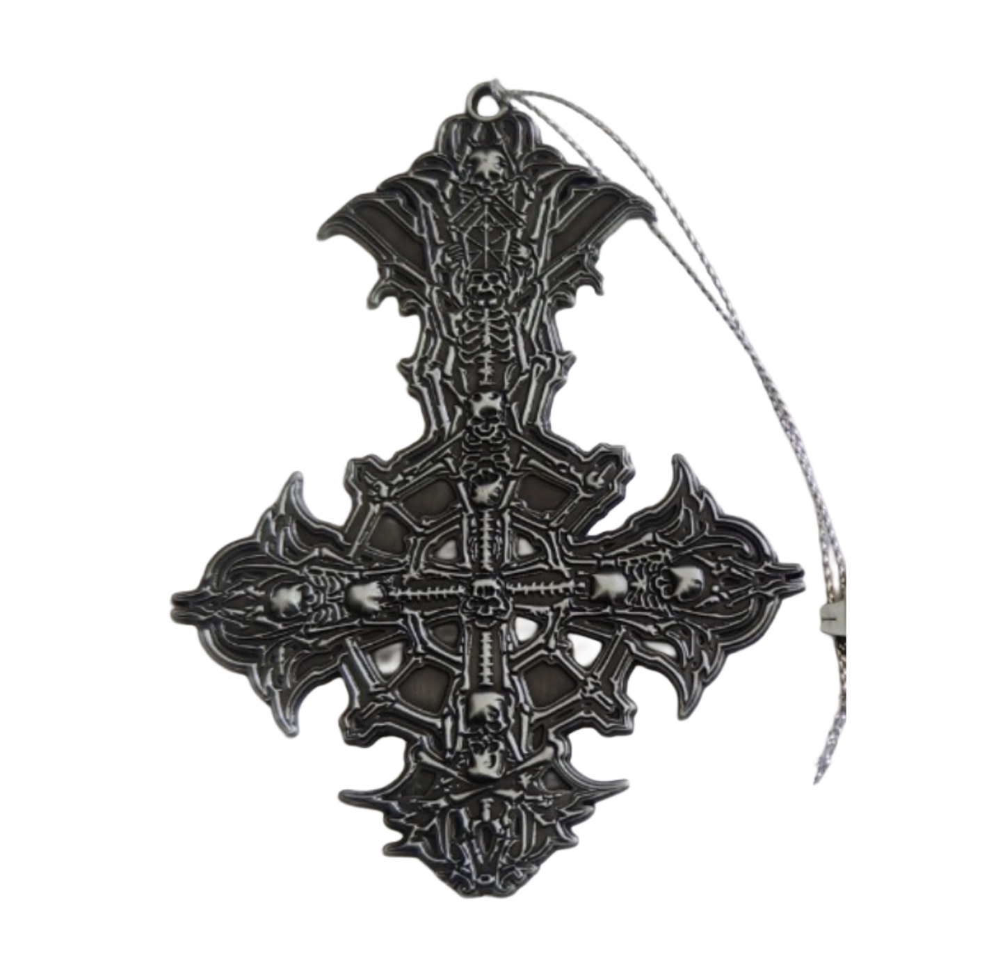 Decorative black cross pendant with intricate designs on a white background