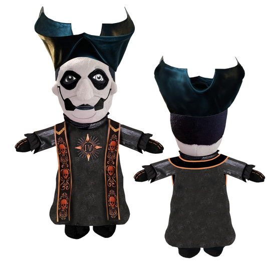 A plush toy with a design resembling a character wearing a black and orange outfit with ornate details and a wide-brimmed hat.