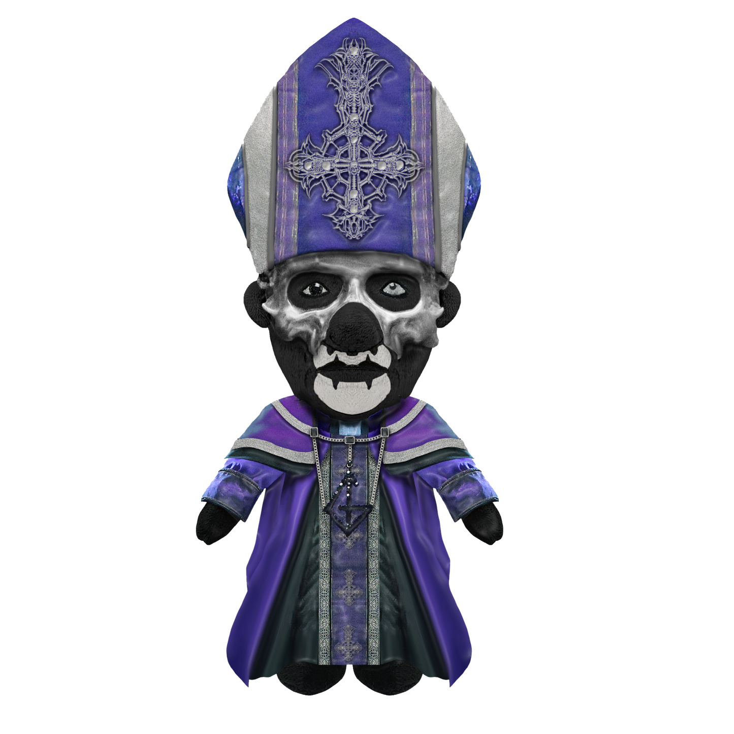 Plush toy of a skeleton wearing a purple robe and hat on a white background