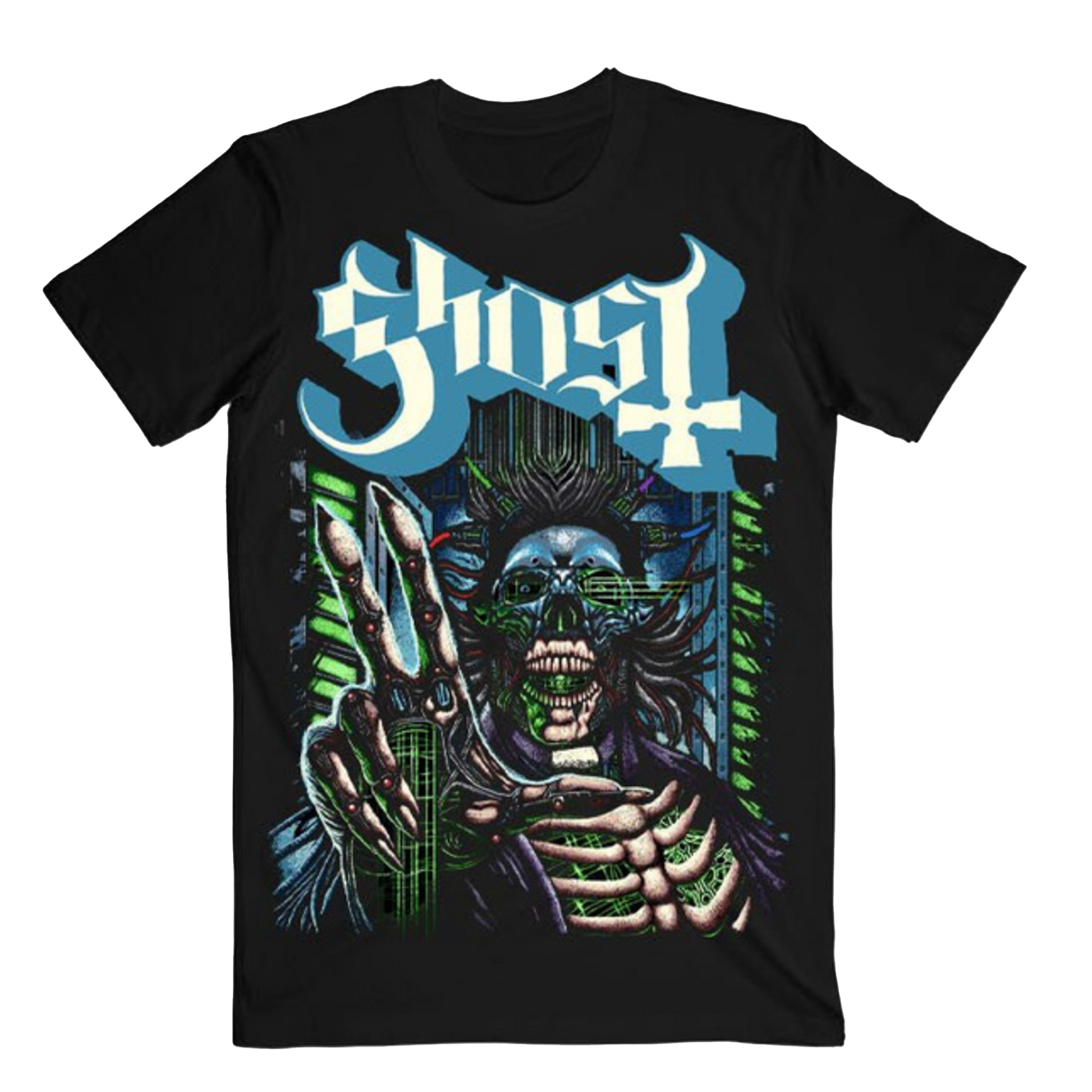A black Ghost band t-shirt with a graphic print of a character that resembles a cyborg.