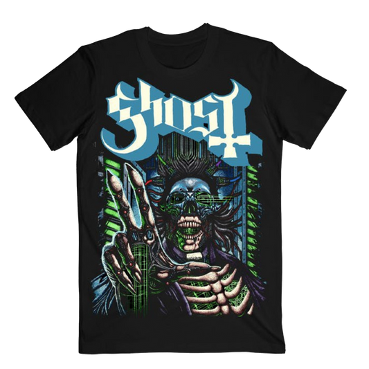 A black Ghost band t-shirt with a graphic print of a character that resembles a cyborg.